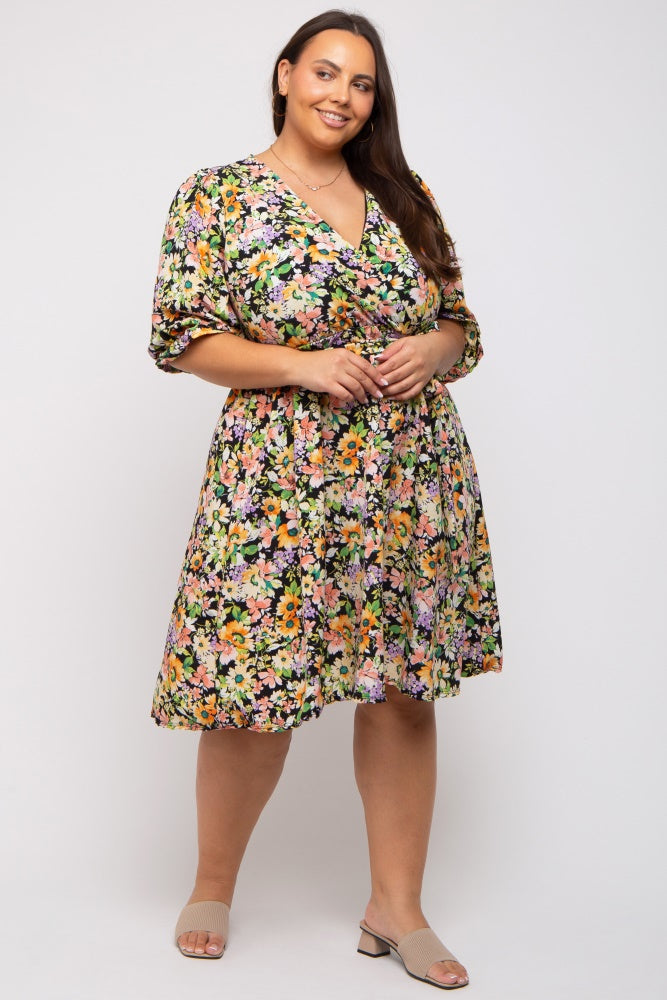 Image of Black Floral 3/4 Sleeve Wrap Plus Dress