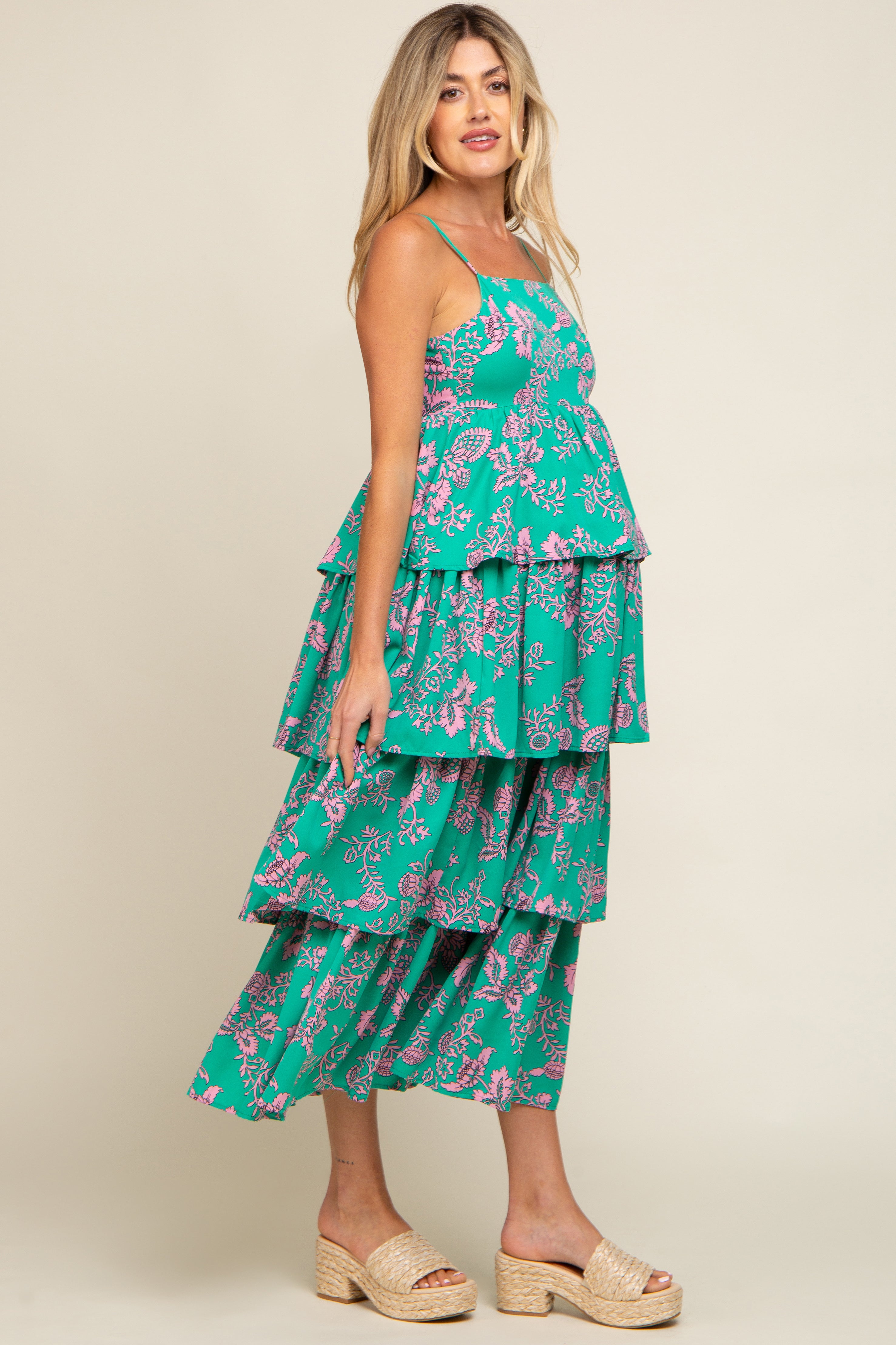 Image of Green Floral Ruffle Tiered Maternity Maxi Dress