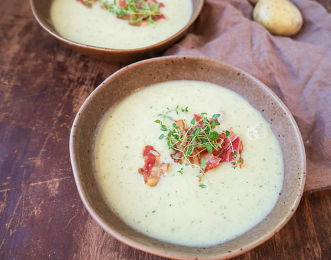 Creamy Potato-Zucchini Soup with Crispy Bacon Bits Recipe