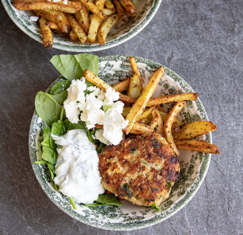 Ground Chicken Salisbury Steak with Crispy Fries and Creamy Garlic Tzatziki Recipe