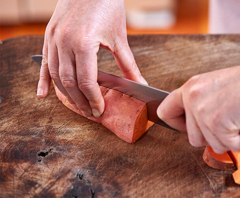 Bridge slicing technique - great method for easily and safely cutting ingredients into halves, quarters, or smaller