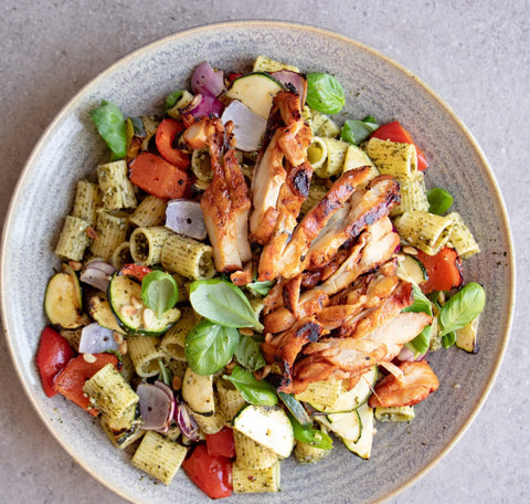 Pesto Pasta Salad Recipe with Grilled Barbecue Chicken & Vegetable Skewers