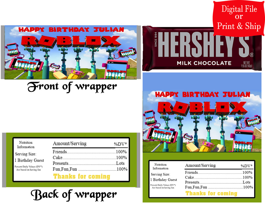 20 Personalized Roblox Printed Full Size Candy Bar Wrappers Party Favo Edible Toppers More - size 100 roblox