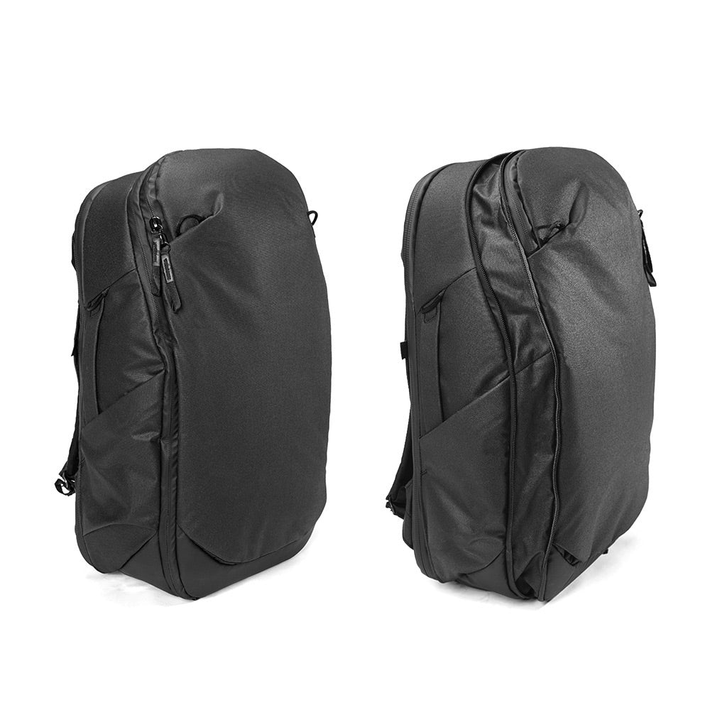 Black 30L Travel Backpack when expanded