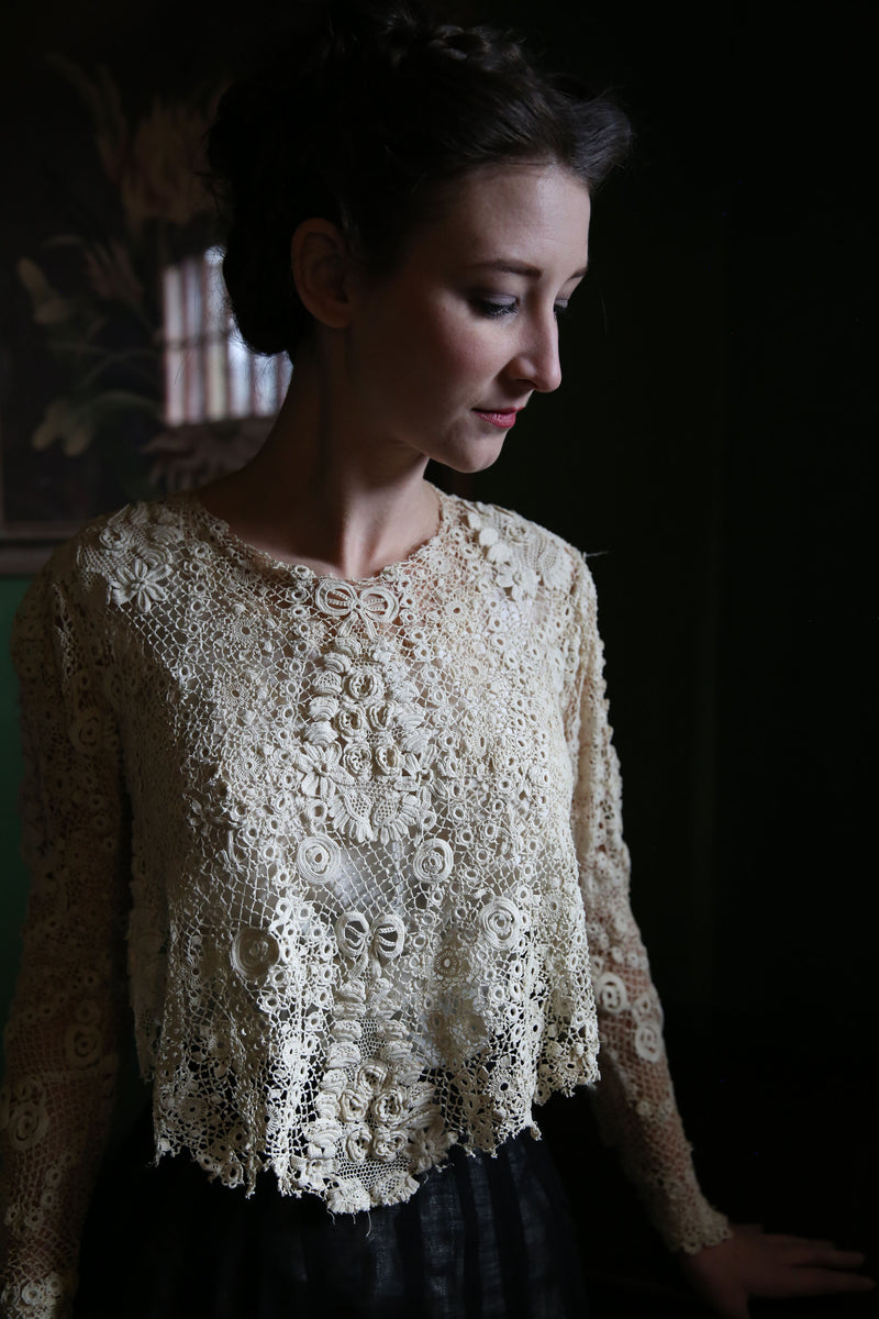 Rare and Striking Irish Crochet Lace Top from 1900s Era Gown, Gorgeous Textile