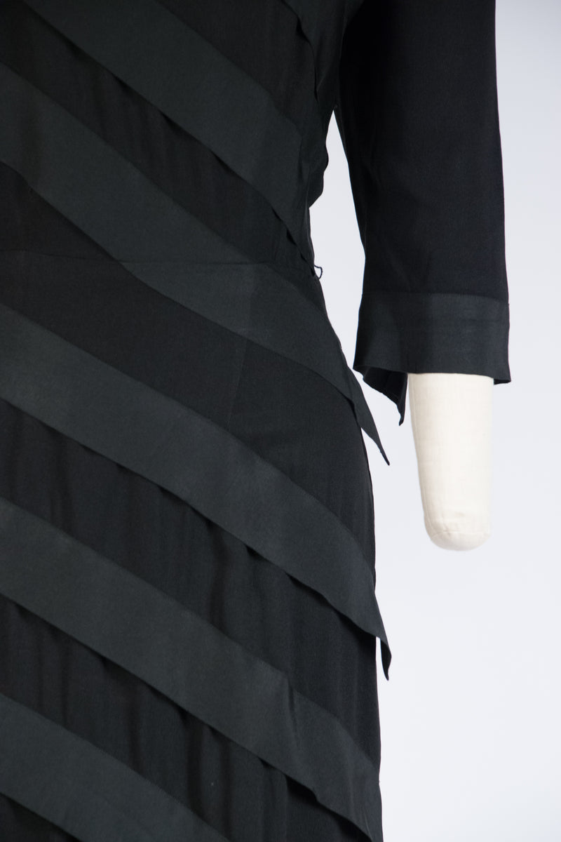 Dramatic 1940s Femme Fatale Benham Original Evening Dress in Black Rayon with Spiral Bands of Petersham