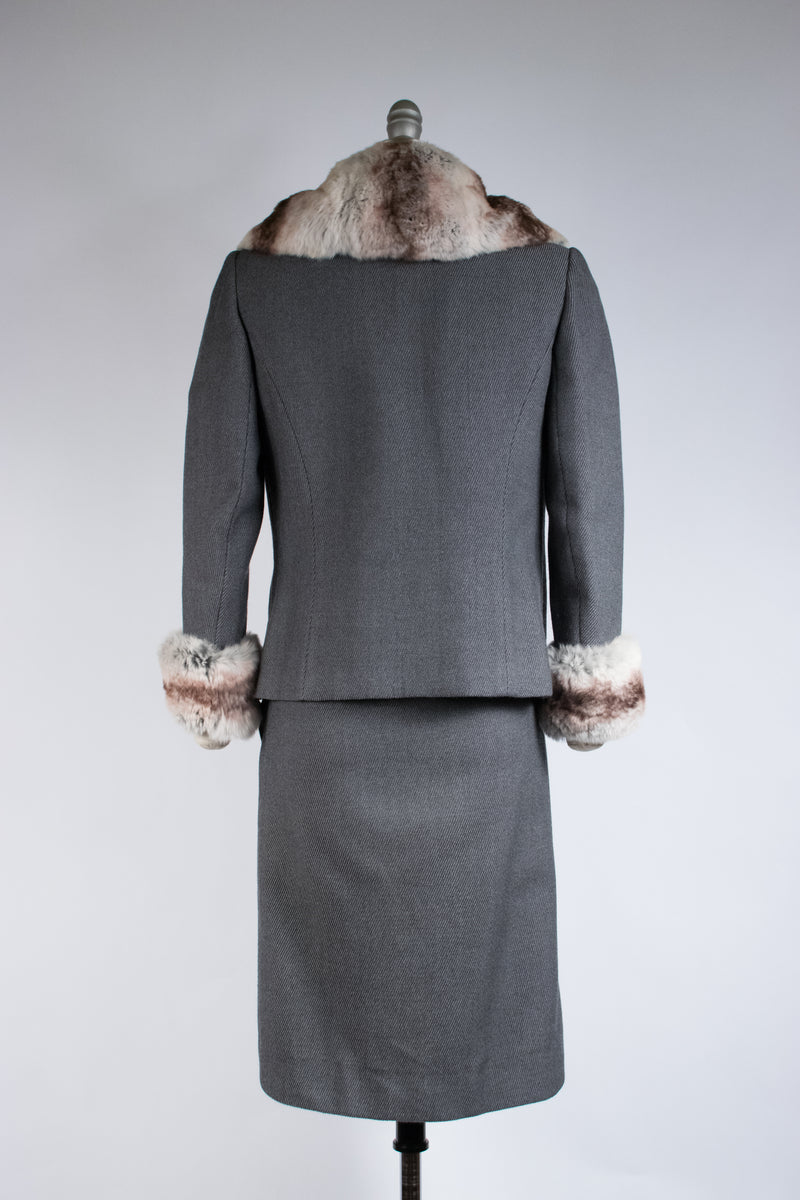Lush 1960s OLEG CASSINI Three Piece Designer Suit with Rex Chinchilla Fur Trim