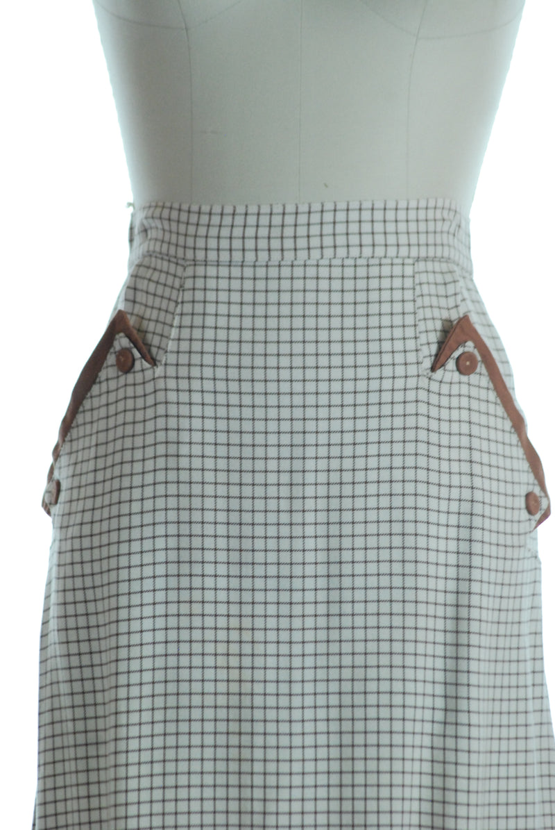 Smart Tailored Pencil Skirt in Brown and Ivory Windowpane with Hip Pockets