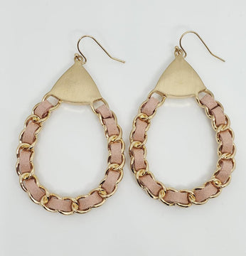 Gold & Pink Braided Chain Teardrop Statement Earrings