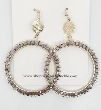 Irredescent Grey Lilac Beaded Circle Cutout Drop Earrings 