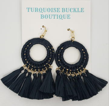 Black and Gold Raffia Wrapped Tassel Drop Earrings