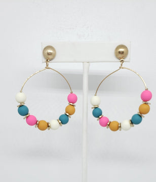 Wooden Ball Beaded Hoop Drop Earrings