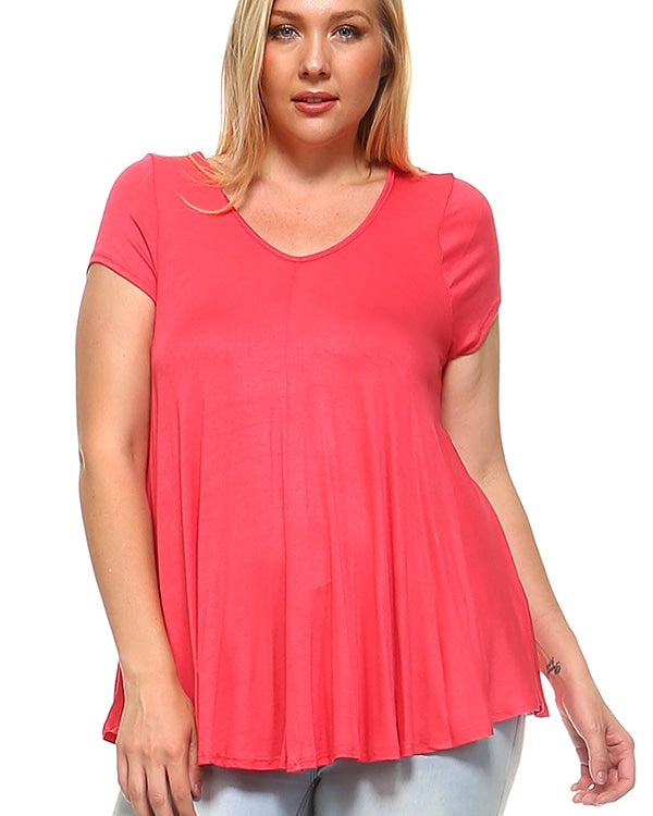 Coral V-Neck Short Sleeve Swing Top Curvy | Turquoise Buckle Boutique