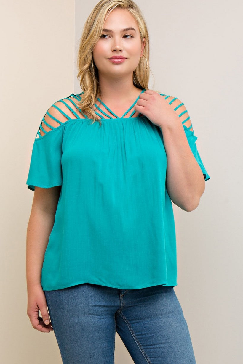 Jade Strappy Short Sleeve Curvy Top – Turquoise Buckle Boutique
