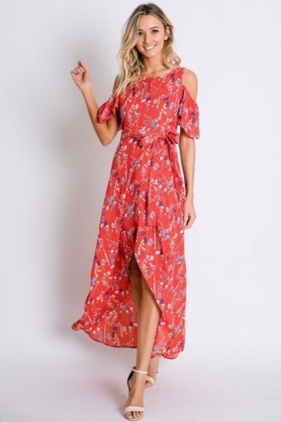 red floral cold shoulder dress