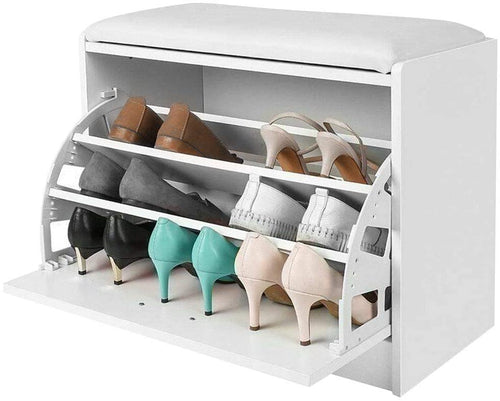 White Wooden Shoes Storage with Leather Seat
