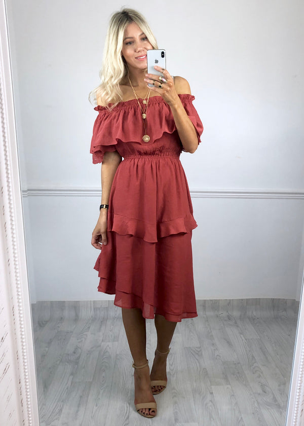 rust bardot dress