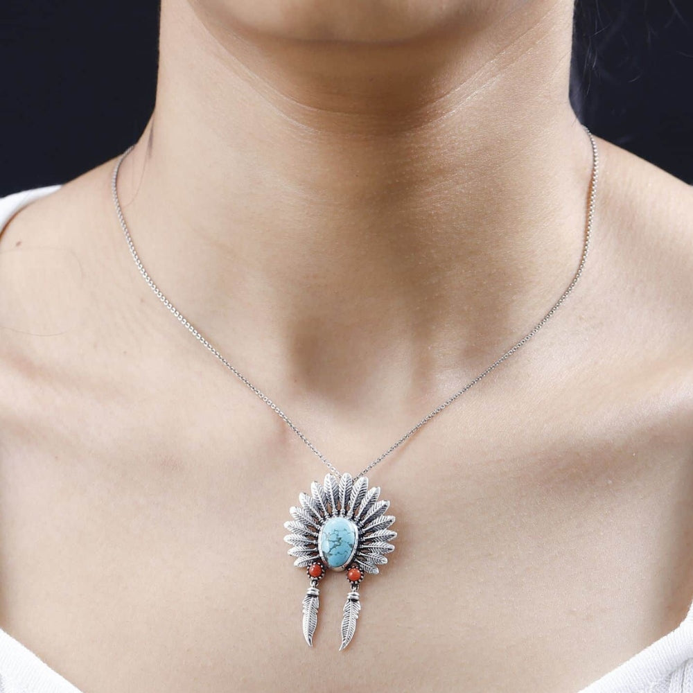 Artisanal Turquoise and Coral Feather Pendant