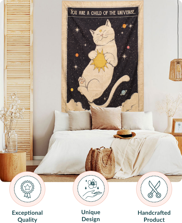 Mystical Dreaming Cat Tarot Wall Tapestry - Boho Decor