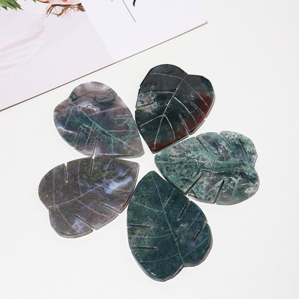 Green Moss Agate Crystal Leaf Carving