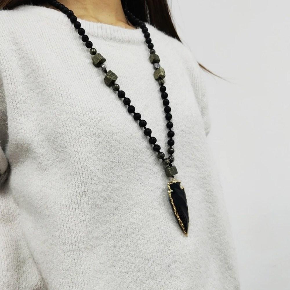 Black Obsidian Pyrite Bead Arrowhead Crystal Necklace