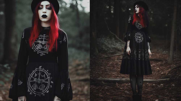 jeune femme witch goth style gothique occulte jupe noire imprimée symbols cheveux rouges gothic witchcraft - THE FASHION PARADOX