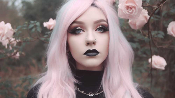 jeune femme aux cheveux rose pastel style pastel goth habillée en noir avec des piercings au nez et du maquillage très sombre.jpg