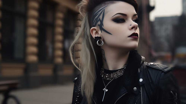jeune femme style punk gothique mode alternative tatouage au visage et perfecto noir coupe iroquoise moderne street punk