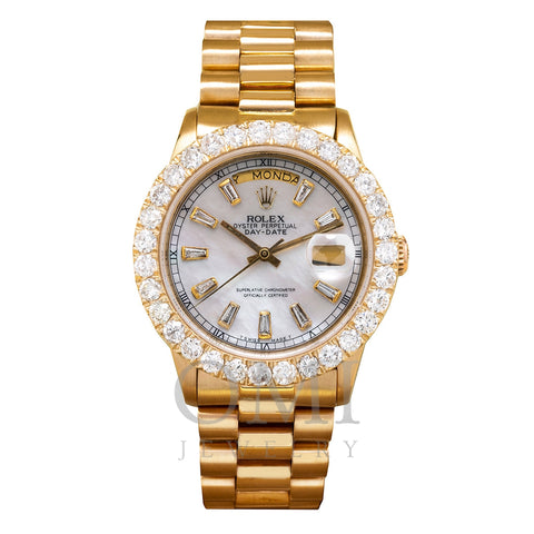 18K Yellow Gold Rolex Diamond Watch, Day-Date 18038 36mm, White Mother OMI Jewelry