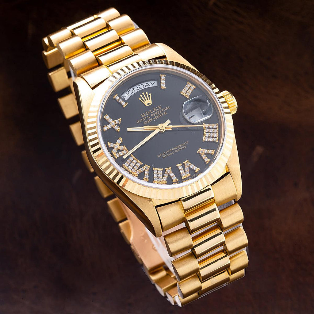 18K Yellow Gold Rolex President Day-Date 18038 36mm Black Dial with Ro ...