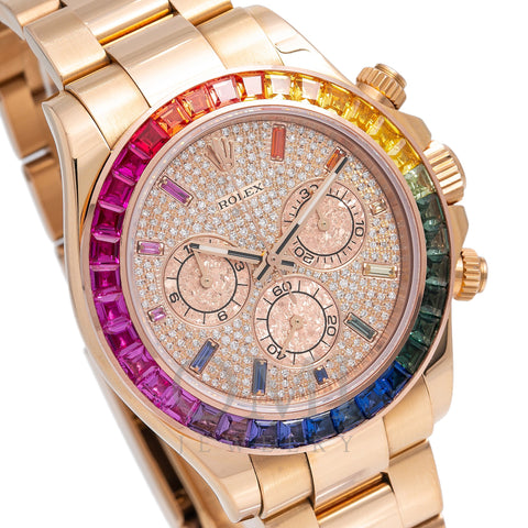 Rolex Daytona 116505 Custom Rainbow Diamonds and Sapphires 18K Rose Gold Watch Mint