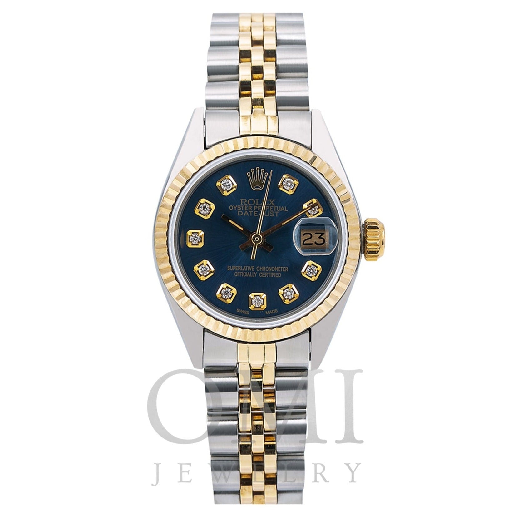 rolex men's datejust two tone fluted custom blue diamond dial