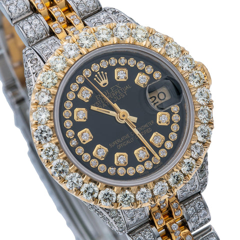 Iced Out Rolex Datejust 26MM Black Diamond Dial With 5.25 CT Diamonds ...