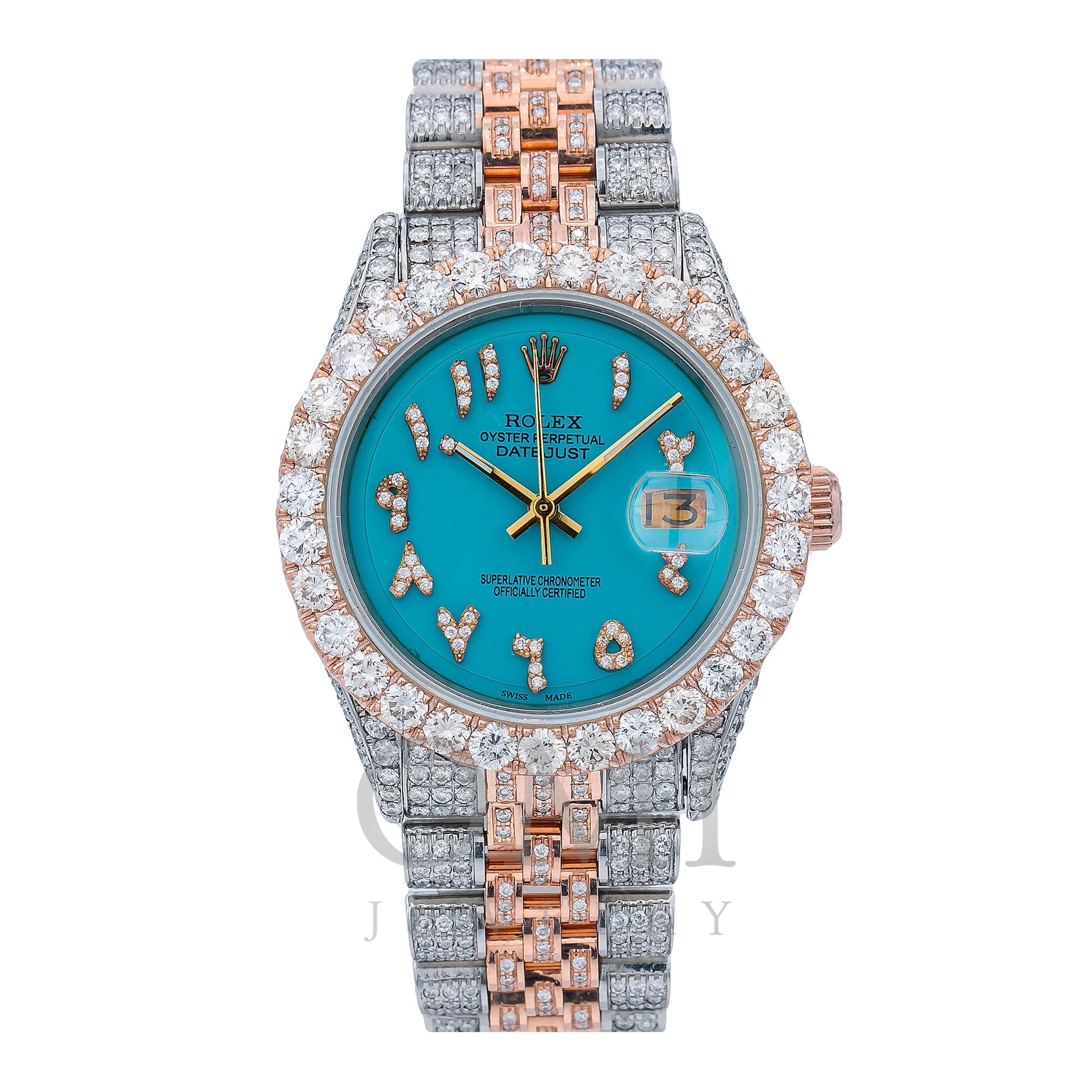 Iced Out Two Tone Rolex 36MM With Turquoise Arabic Diamond Dial OMI Jewelry