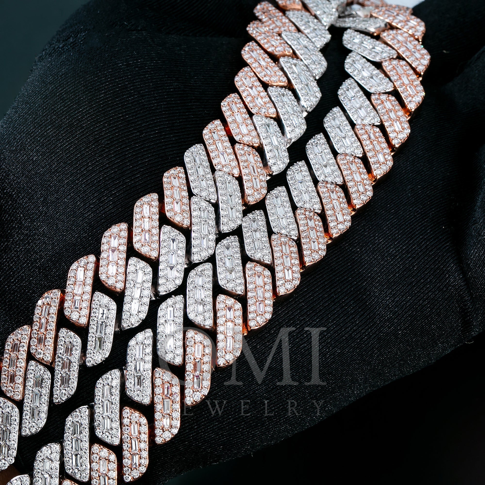 14K WHITE/ROSE GOLD 28" CUBAN CHAIN WITH 38.90 CT  BAGUETTE AND ROUND DIAMONDS