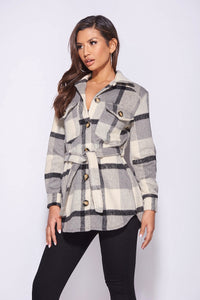 Grey Checked Patch Pocket Belted Shacket