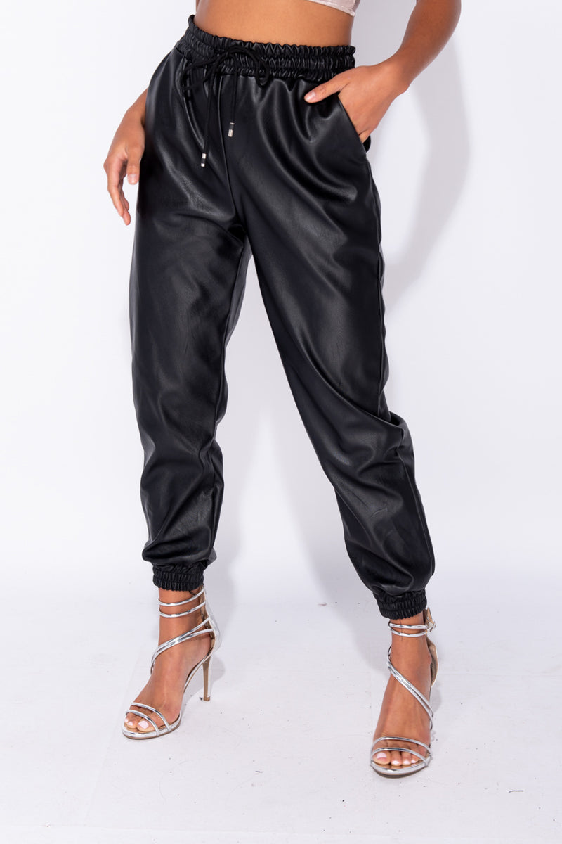 black pu joggers