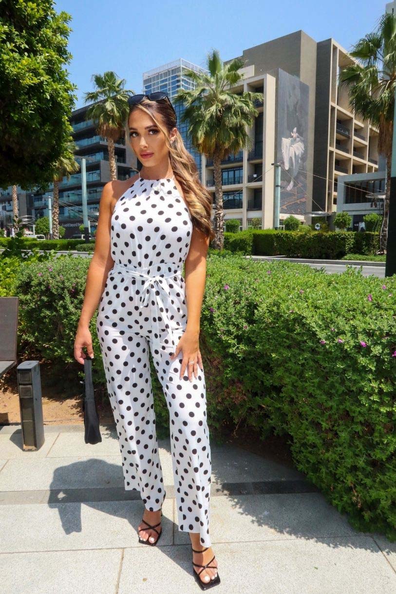White Black Polka Dot Tie Wide Leg Belted Jumpsuit Clothing New In Jumpsuits Parisian Fashion