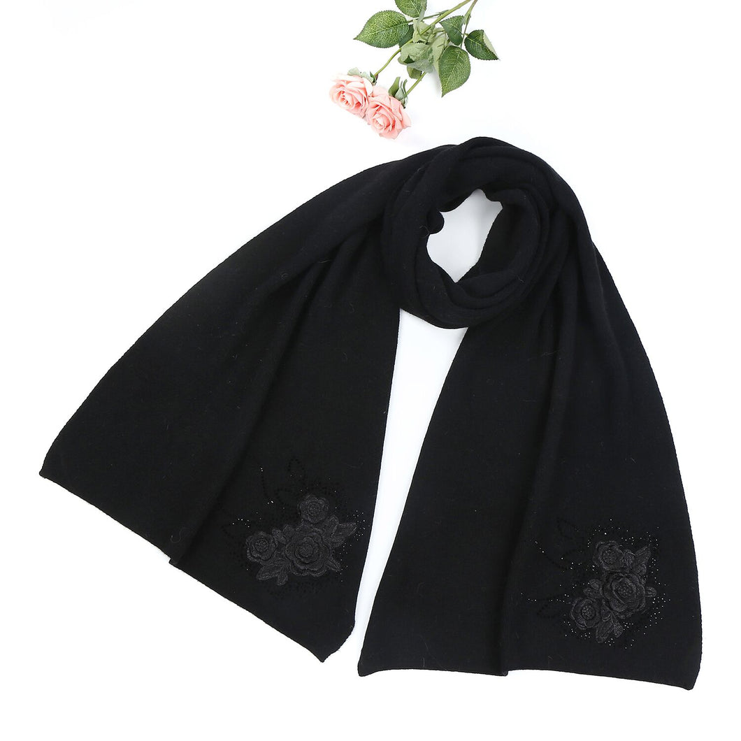 Embroidered Wool Scarf in Black