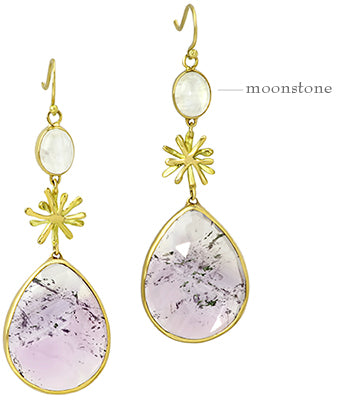 Amethyst, Moonstone, Gold Earrings