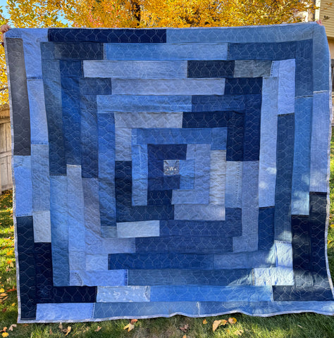 The "Again and Again" Quilt Tope from reclaimed denim