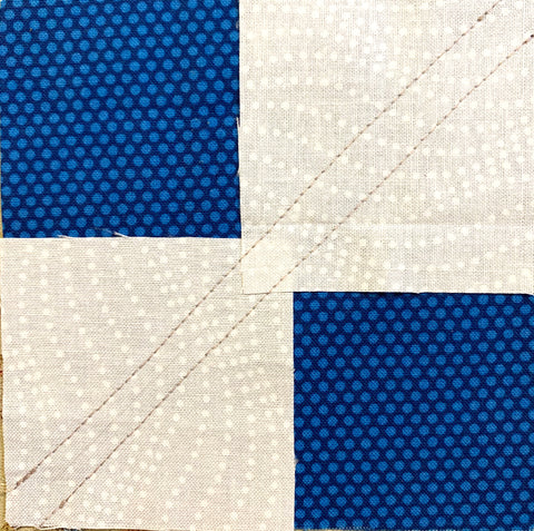 First step of Flying geese sewing method. Blue square with white squared on top.