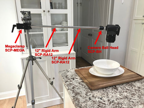 Overhead product photography using tripod and SnakeClamp components
