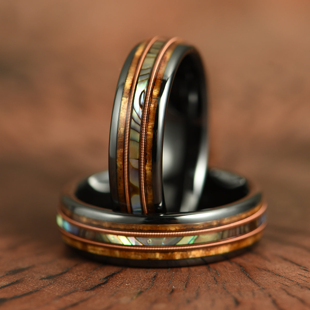Hawaiian Koa Wood Abalone & Guitar String Mens Wedding Ring 6MM