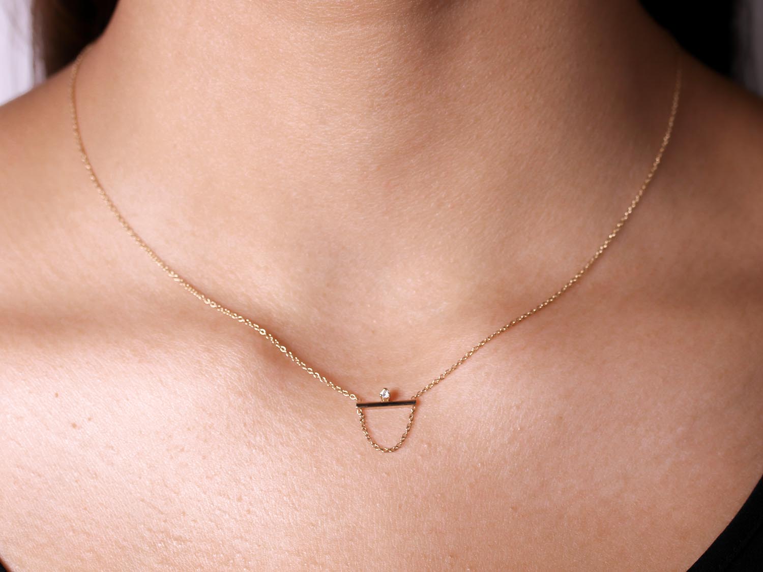 Gold Bar Necklace with Prong Diamond