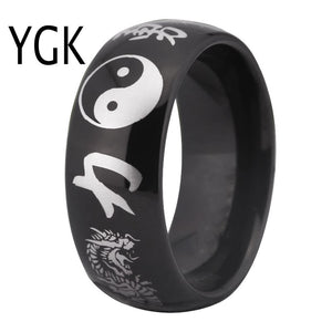 YGK Trendy Tungsten Carbide, Ying & Yang, Tai Chi, Kanji Dragon Themed Ring - Unisex, Men's, Women's