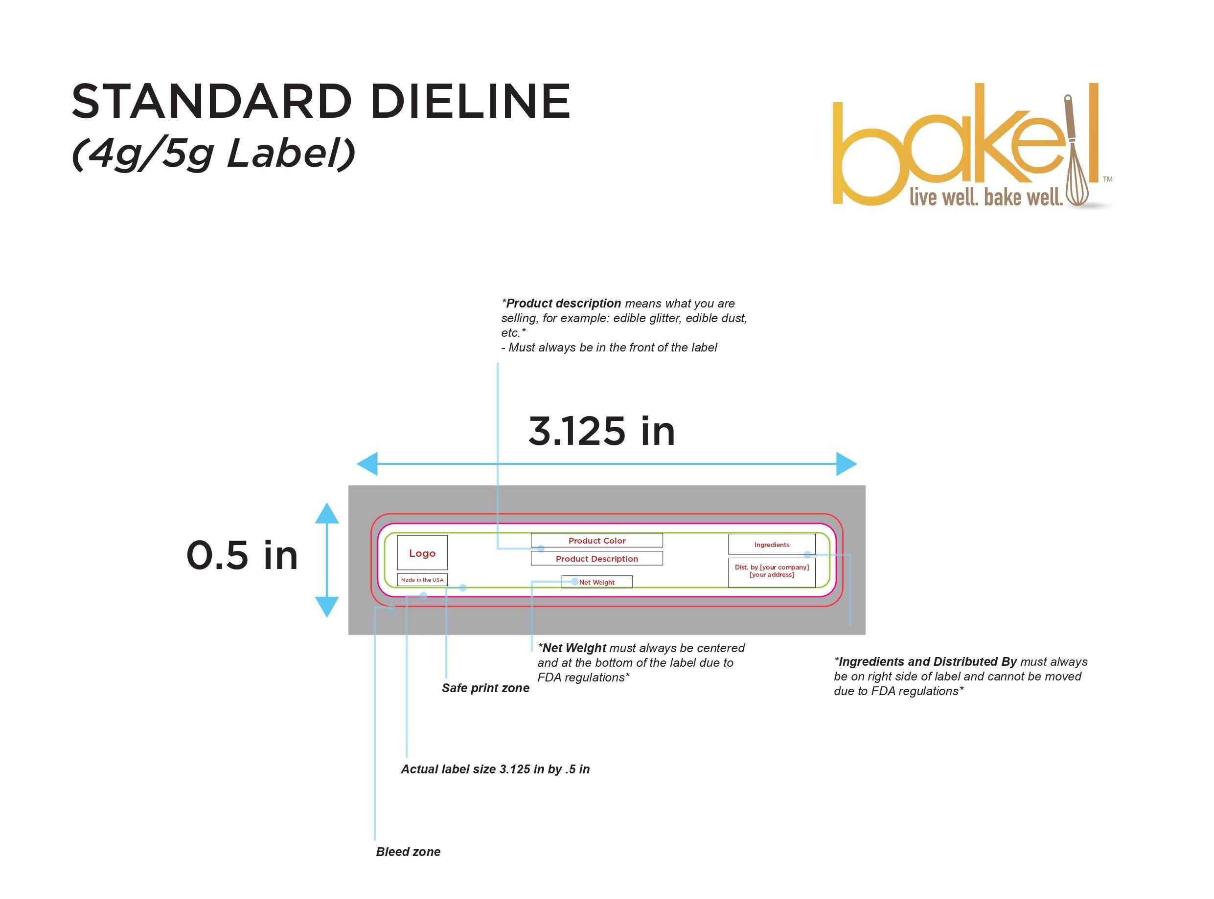 Standard Dieline, 4g, 5g, label, sizing, Bakell