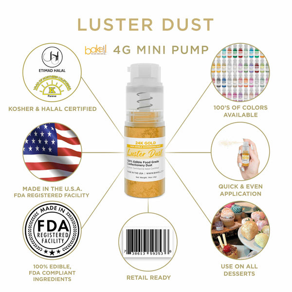 Gold Luster Dust Mini Spray Glitter | Infographic for Edible Glitter. FDA Compliant Made in USA | Bakell.com