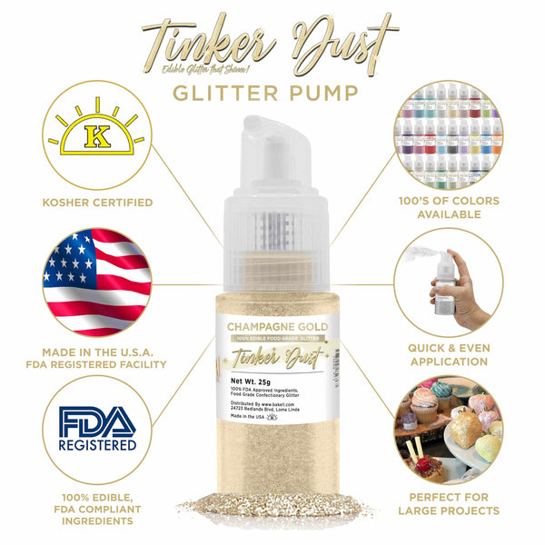 Champagne Gold Tinker Dust Spray Glitter | Infographic for Edible Glitter. FDA Compliant Made in USA | Bakell.com