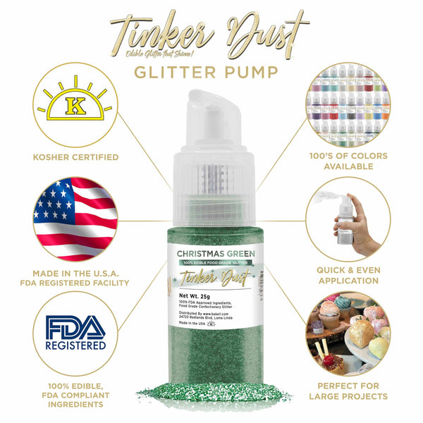 Christmas Green Tinker Dust Spray Glitter | Infographic for Edible Glitter. FDA Compliant Made in USA | Bakell.com